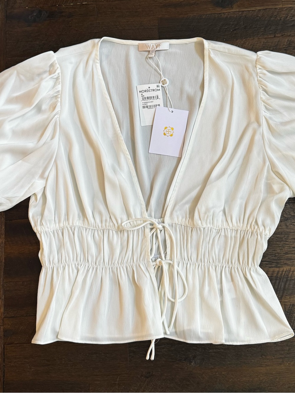 Wayf Ivory Puff-Sleeve Tie-Front Peplum Top